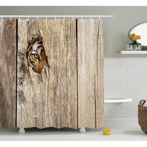Safari Shower Curtain Siberian Tiger Eye Looking Through Wooden Peep Hole in Spy Predator Big Cat Wild Bathroom Decor Curtains