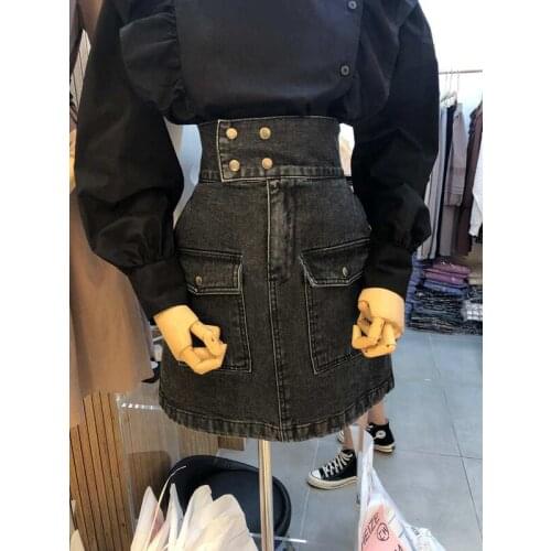 High Waist Jeans Skirt for Women Fashion Button Pocket Wrap Skirts Summer Faldas Mujer Moda 2021