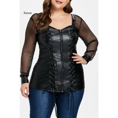 Pu Leather Plus Size Womens Clothing Square Collar Drawstring Zipper Sexy Mesh Slim Top Fashion Street Base Tee Shirt Xl-5Xl