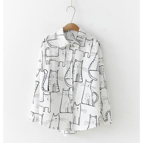 2021 Spring Casual Fashion Vintage Autumn Women Long Sleeve Shirts Cute Cat Print Shirt Female Loose Blouses Girl Ladies Tops