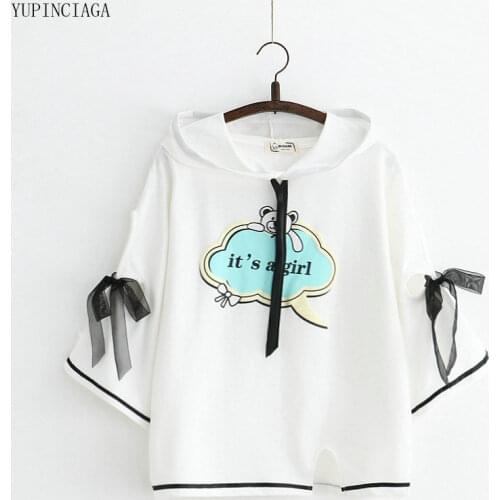 Women Cartoon Print Harajuku Hoodies Sweatshirts Long Sleeve Ribbon Cutout Hooded Tracksuit Loose White Pullovers