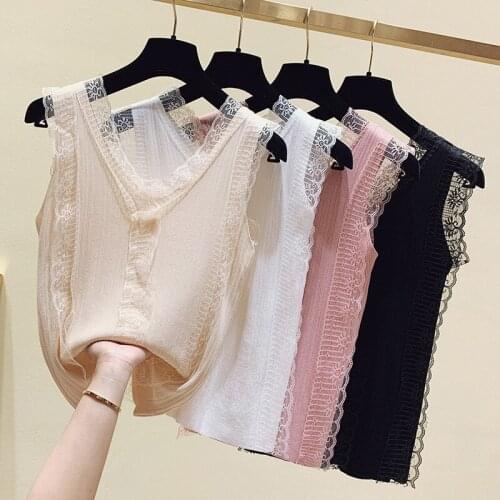Knitted Tank Women Tops V-neck Vests Solid Blusas Mujer De Moda 2021 Summer Fashion Female Sleeveless Casual Thin Lace Pink Tops