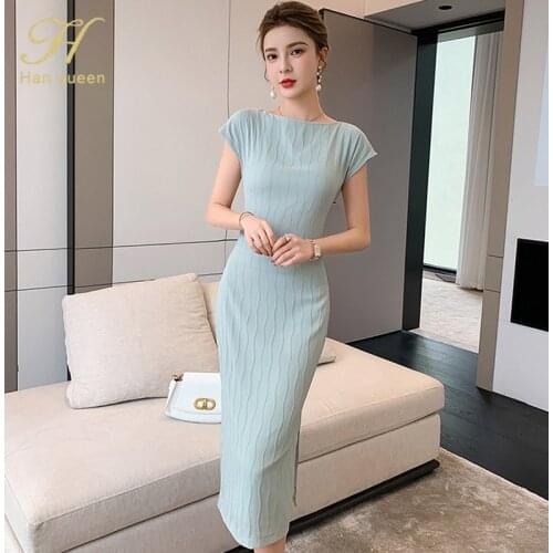 H Han Queen Summer Dresses Fashion Slash Neck Women Pencil Sheath Bodycon Dress Mid-Calf Office Lady Party Vestidos Korean 2021