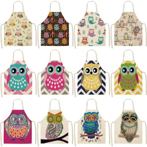1Pcs Cartoon Owl Printed Kitchen Apron for Woman Sleeveless Cotton Linen Aprons For Cooking Home Cleaning Tools WQCN38