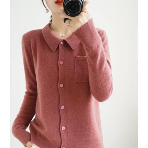 100% pure wool sweater autumn/winter 2021 new cashmere woman POLO collar cardigan warm knitted tops Female jacket large size