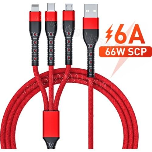 3 in 1 USB Data Cable 6A 66W SCP for Huawei Mate 40 Pro Micro USB Type C 3in1 2in1 USB Charger Charging Cable for iPhone 12 11