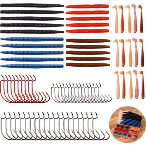 80pcs/box fishing tackle box include High carbon steel jig and worm fishing hook soft earthworm for Texas rig kit