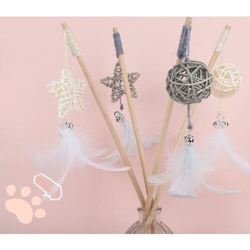 Pet Cat Teaser Toys Feather Star Rattan Ball Cat Catcher Teaser Stick Cat Interactive Toys with Mini Bell for Cats Kitten