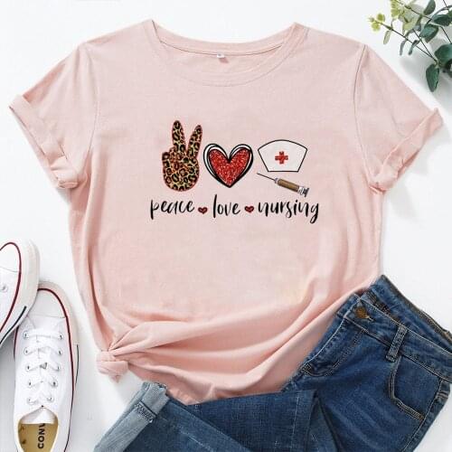 Peace Love Nursing T-shirt Women Cartoon Pattern Womens Shirt Streetwear Fashion O-neck T Shirts Woman Casual Tee Shirt Femme