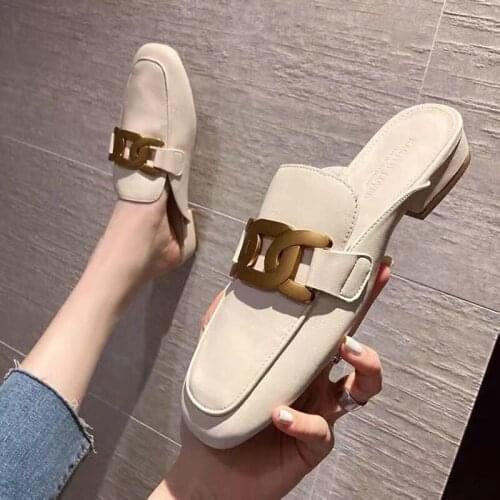Leather Slippers WomenS Outer Wear New Summer All-Match Low-Heeled Baotou Half Slippers Net Celebrity Sandals