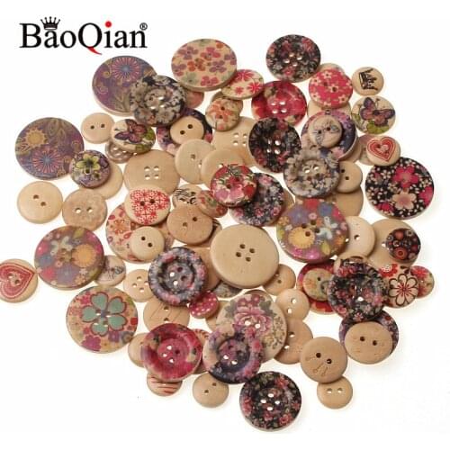 New Flower Printed Round Wooden Button 2 Holes Mixed Wood Buttons Sewing Accessories For Clothing Decoration DIY 20/50/100