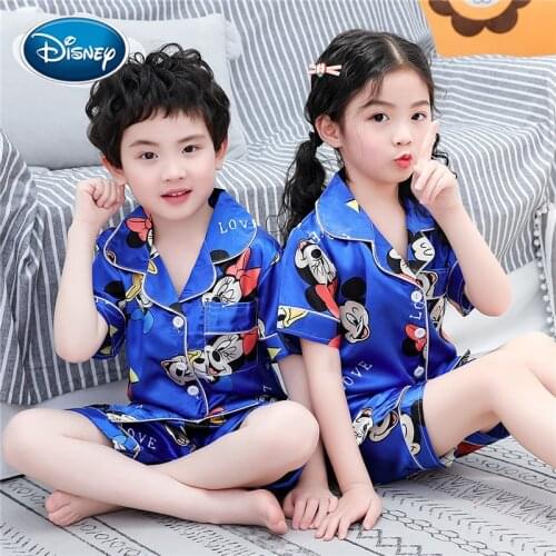 Mickey Minnie print summer childrens pajamas cardigan short-sleeved boys and girls cute cartoon home service suit 1 set