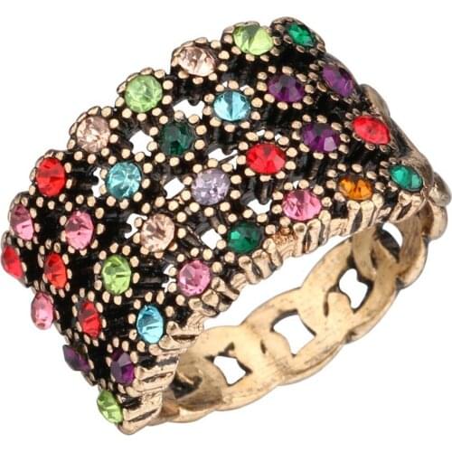 Fashion Vintage Antiqued Gold Color Hollow Weave Shaped Multicolor Crystal Rhinestone Statement Rings for Women Men Jewelry