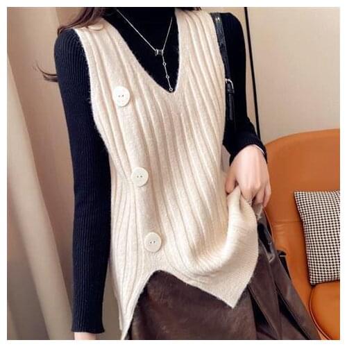 Soft Wool Sweater Vest Women 2020 Winter Korean Style Vintage Button Side Slit V Neck Sleeveless Pullover Knitted Tank Tops T532