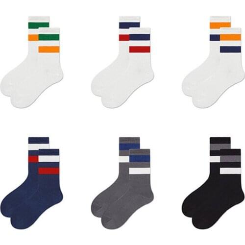 Two Bar Striped Men Cotton Middle Tube Socks Soprts Ins Harajuku Solid Color Japan Korea Academic Style Fashion Socks