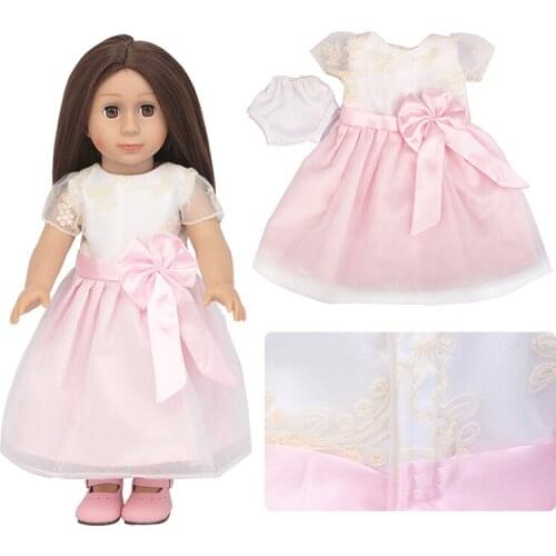 2021 New Pattern Clothes White lace bow dress Fit 18 Inch American Doll And 43CM Baby Doll Accessories