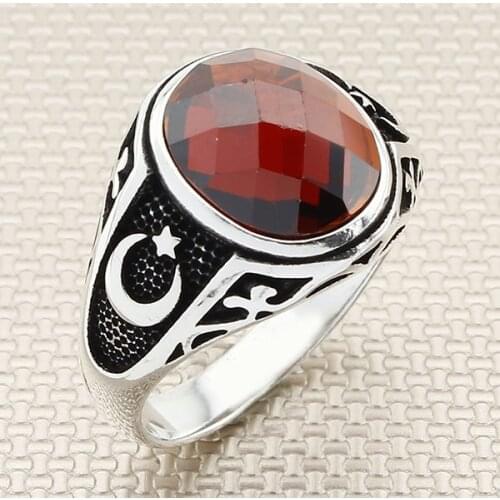 Oxidized Round Red Zircon Stone Men Silver Ring With Crescent Star And Turkish Flag Motif Solid 925 Sterling Silver