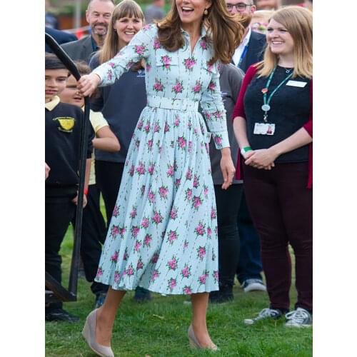 Kate Middleton Designer New Spring Autumn Womens Midi Dress Fashion Casual Party Chic Elegant High Quality Flower Printed Dress