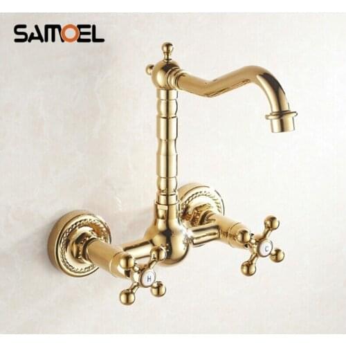 Kitchen Swivel Gold Faucets Wall Mounted Mixer Taps Golden Plated Hot and Cold Double Handle Crane G1007