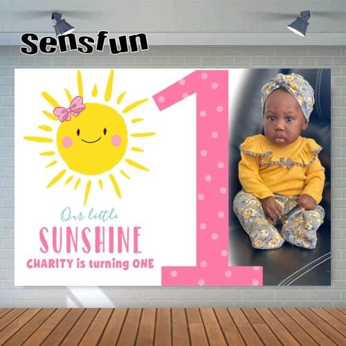Sensfun Cute Cartoon Sunshine Pink Girls 1st Birthday Party Photography Backdrop Custom Text Your Baby Photo Background Banner