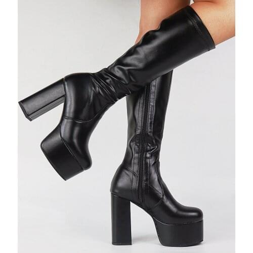 RIBETRINI big size 43 platform block high heels zipper mid calf women boots black party dress high quality fashion ladies shoes