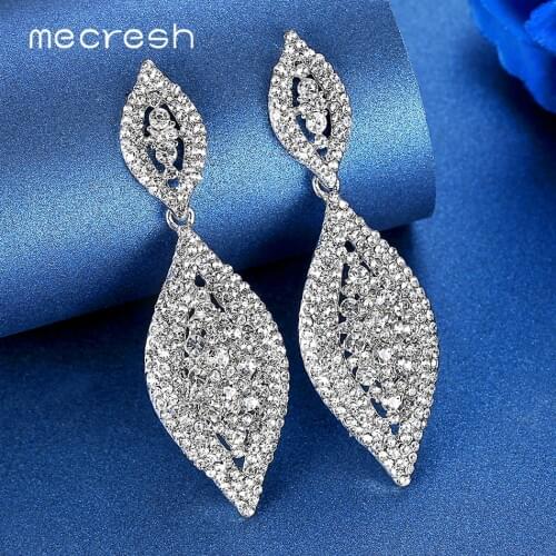 Mecresh Silver Color Rhinestone Women Drop Earrings for Brides Leaf Bridal Dangle Earrings Wedding Engagement Jewelry MEH1510
