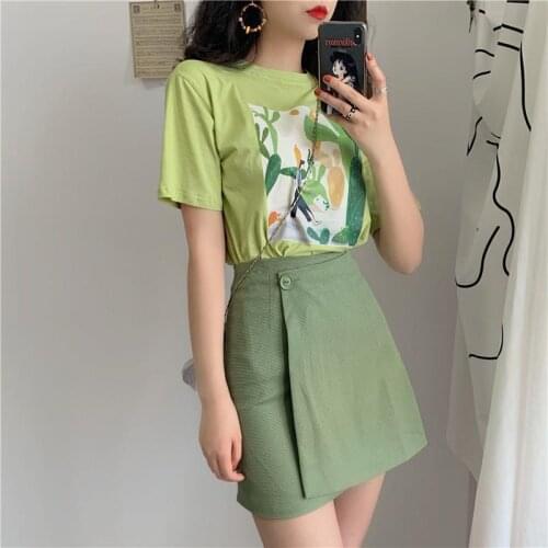 2021 popular avocado green suit Harajuku two-piece female summer loose short-sleeved T-shirt skirt y2k tops E-girl vintage size