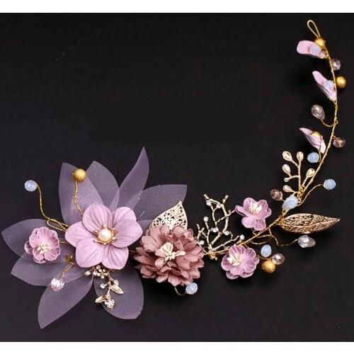 Purple Crystal Wedding Hair Flower Gold Leaf Branch Vintage Bridal Headband Pearl Bride Headpiece For Women Handmade Accessories