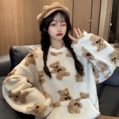 Little Bear Furry Sweater Women Winter Warm Plush Sweater Korean Sweet Kawaii Pullovers Japanese Female Harajuku Vintage Sweater