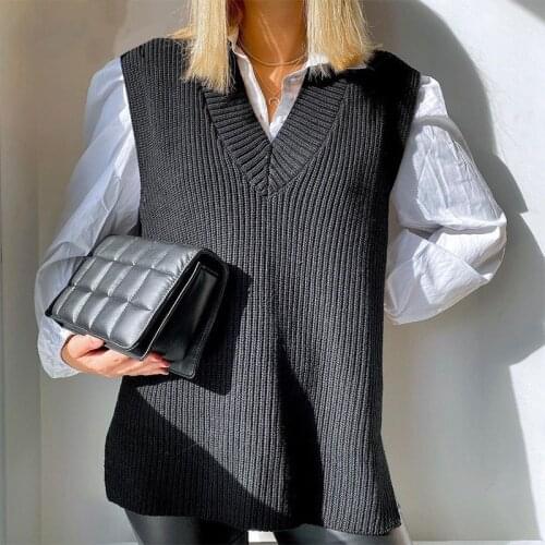 Women V Neck Sweater Vest Korean Preppy Style Solid Knitted Sleeveless Sweater Female Autumn Winter Casual Loose Pullover Female