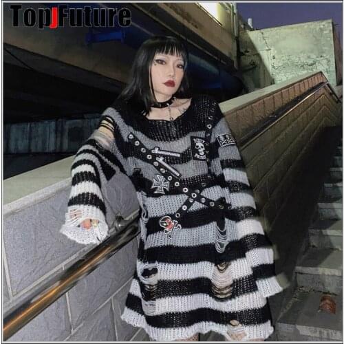 Women Girl decorat Sweater Gothic Punk Striped Knitted Sweater Loose Female Harajuku Harajuku skull laziness long Pullover