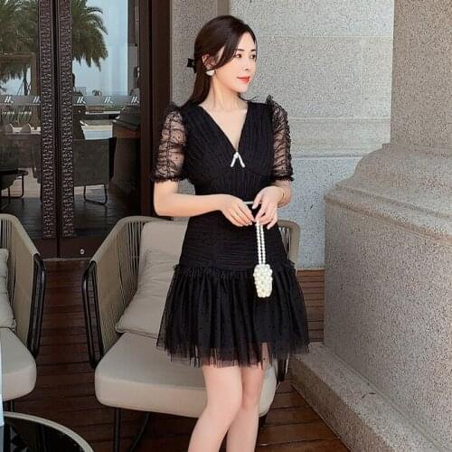 2021 New Designer Sexy Summer Dress Women V Neck Hepburn Style Slim Vintage Black Mesh Dots Dress