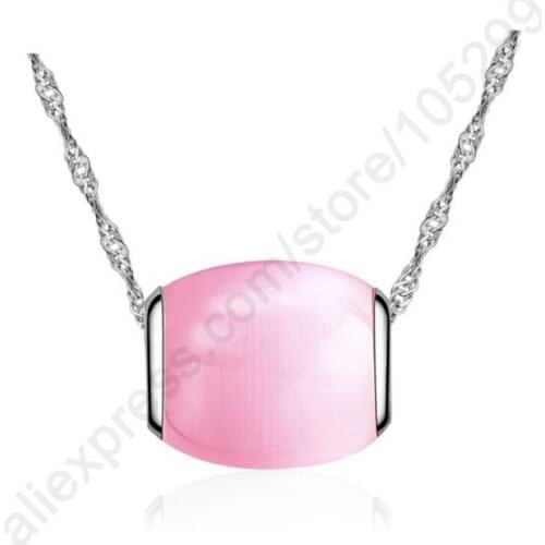 Free Shipping 925 Sterling Silver Jewelry Opal Beads Cat Eye Stone Pendant Necklaces Pink With Chain