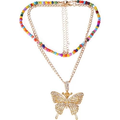 Double Layer Necklace Fashion Rhinestone Butterfly Decor Chain Necklace Bead Pendant Necklace Party Dress Up Jewelry Accessories