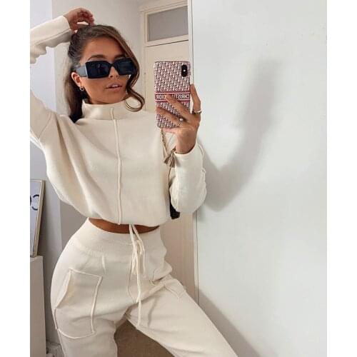 Imcute Sportswear Autum Winter Warm Two Piece Set Turtleneck Tops + Sweat Pants Women Matching Sets Clothing 2 Piece Outfit 2021