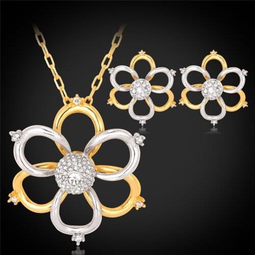 Two-Tone Flower Pendant Necklace Earrings Set Gorgeous Gold & Color Rhinestone Jewelry Sets Gift For Women PE3078
