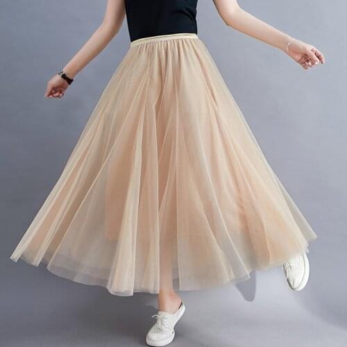 Summer Tulle Skirts Womens Midi Pleated Skirts Long Tulle Skirt Women Spring Fashion Elastic High Waist Mesh Tutu Party Skirts