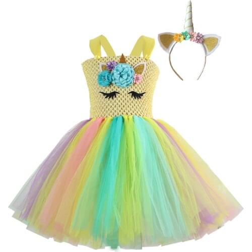 Unicorn Flower Summer Kids Tutu Dress for Halloween Party Knee Length Toddler Girls Green Princess Cartoon Clothes for Children