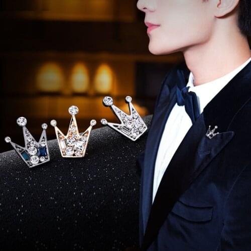Small Metal Crown Brooch Pin Mens Women Suit Shirt Brooches Corsage Badge Pins Rhinestone Crystal Necktie Clip Collar Decor