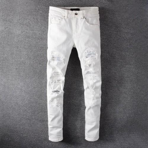 Mens White Crystal Holes Ripped Jeans Fashion Slim Skinny Rhinestone Stretch Denim Pants Hole Patch Tight Slim Skinny Jeans