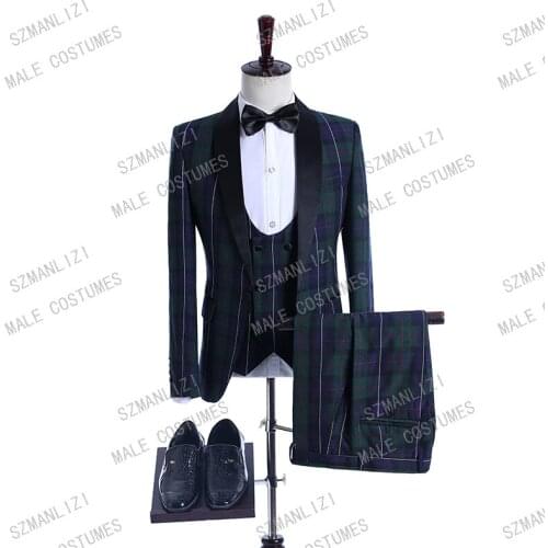Latest Coat Pant Designs 2020 Italian Style Green Plaid Groomsmen Slim Fit Men Wedding Groom Suits Prom Party Tuxedos Bridegroom