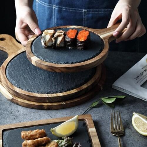Solid Wood Slate Dinner Plate Round Steak Western Food Banquet Sushi Platter Available In Three Sizes