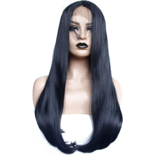 Long Straight Bob Glueless Synthetic Lace Front Wig with Baby Hair Wave at Tips Black Heat Resistant Fiber Women Synthetic Wig