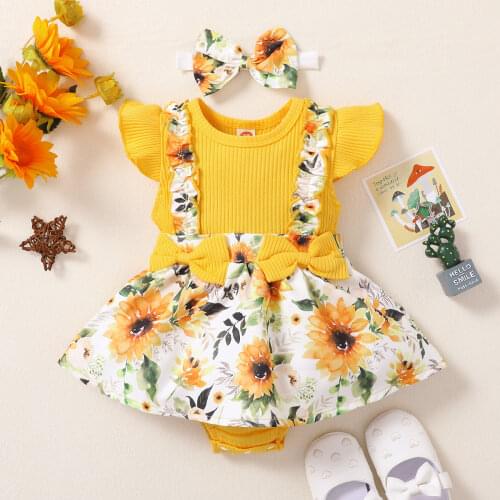 Newborn Romper Dress Baby Girl Dresses Sunflower Print Long Sleeve Baby Girl Clothing Toddler Girl Outfit Baby Dresses 3 Months