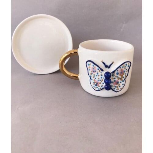 Handmade and Hand Painting High Quality Ceramic Turkish Coffee Cup and Saucer Office Water Cup Custom Design Art