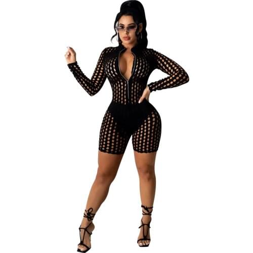 Sexy Mesh High Elastic Playsuit Womens Zipper V Neck Long Sleeve See Through Shorts Bodycon Club Jumpsuit Overalls for Women