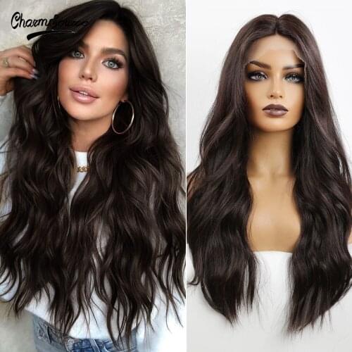 CharmSource Front Lace Synthetic Wig Long Curly Wavy Hair Dark Brown for White Black Women High Density Heat Resistant Daily Use