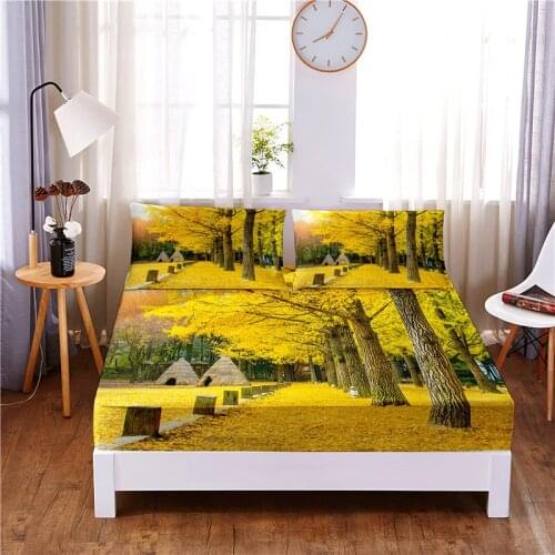 Maple Leaf Digital Printed 3pc Polyester Fitted Sheet Mattress Cover Four Corners with Elastic Band Bed Sheet Pillowcases