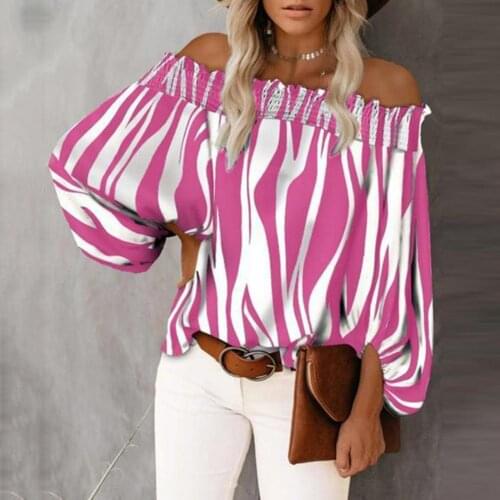 2021 Women Fashion Striped Print Shirt Lady Long Sleeve Blouse Tops Off Shoulder Shrring Puff Sleeve Casual Shirts