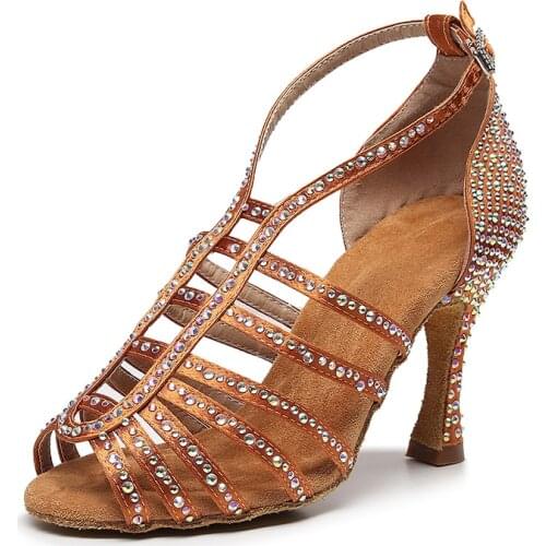 Woman Rhinestone Latin Dance Shoes Black Brown Salsa Dancing Shoes For Party Wedding Woman Soft Bottom Pratice Latino Shoes